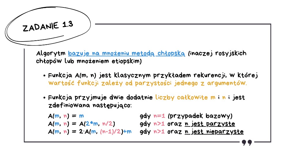 Matura z informatyki 2026 — slajd: zadanie 1.3, funkcja rekurencyjna A(m, n) a mnożenie metodą chłopską (rosyjskich chłopów); definicja i parzystość n