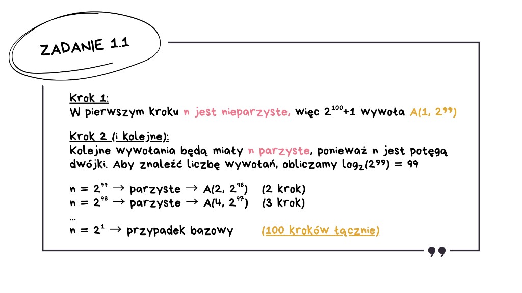 Matura z informatyki 2026 — rozwiązanie zadania 1.1, krok 8: pierwsze wywołanie A(1, 2^99), potem n parzyste jako potęgi dwójki — łącznie 100 wywołań rekurencyjnych