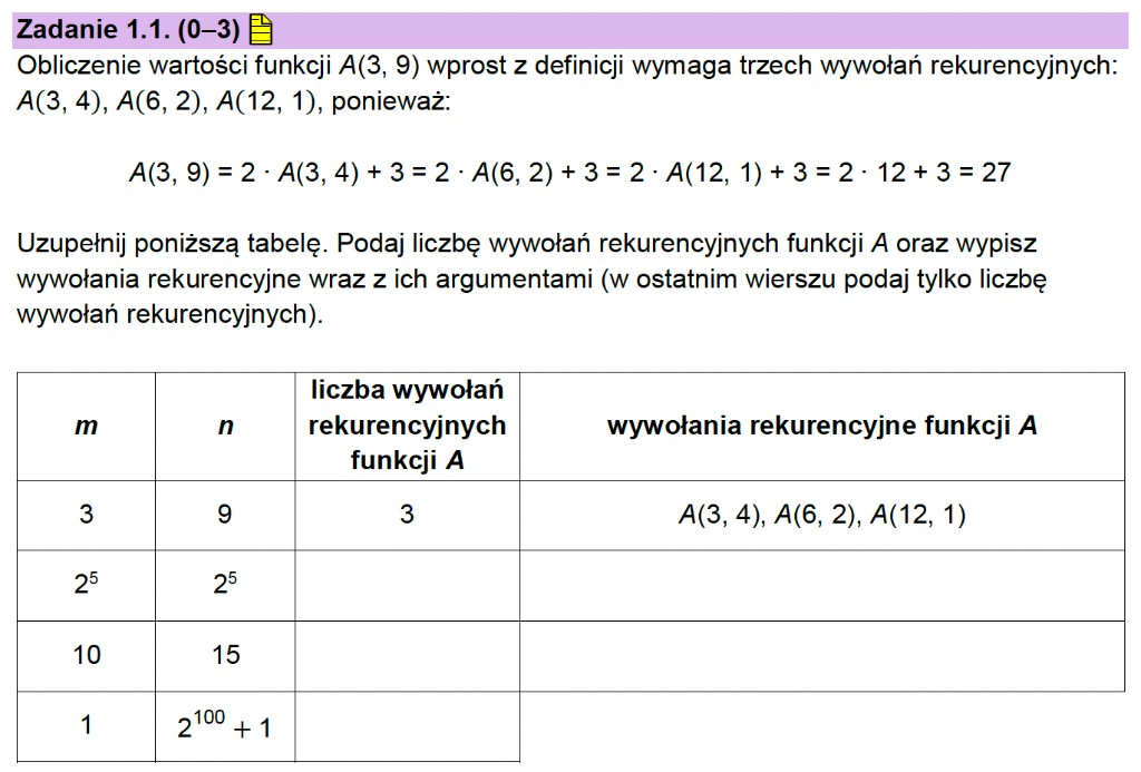 Matura z informatyki 2026 – treść zadania 1.1: analiza wywołań rekurencyjnych funkcji A, przykład A(3,9) oraz tabela z liczbą i listą wywołań (arkusz CKE)