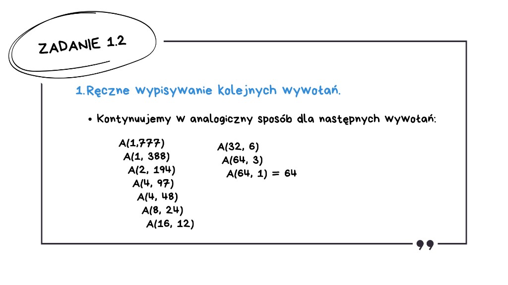 Matura z informatyki 2026 — rozwiązanie zadania 1.2, krok 3: kontynuacja ręcznych wywołań A(1,777) aż do A(64, 1) = 64