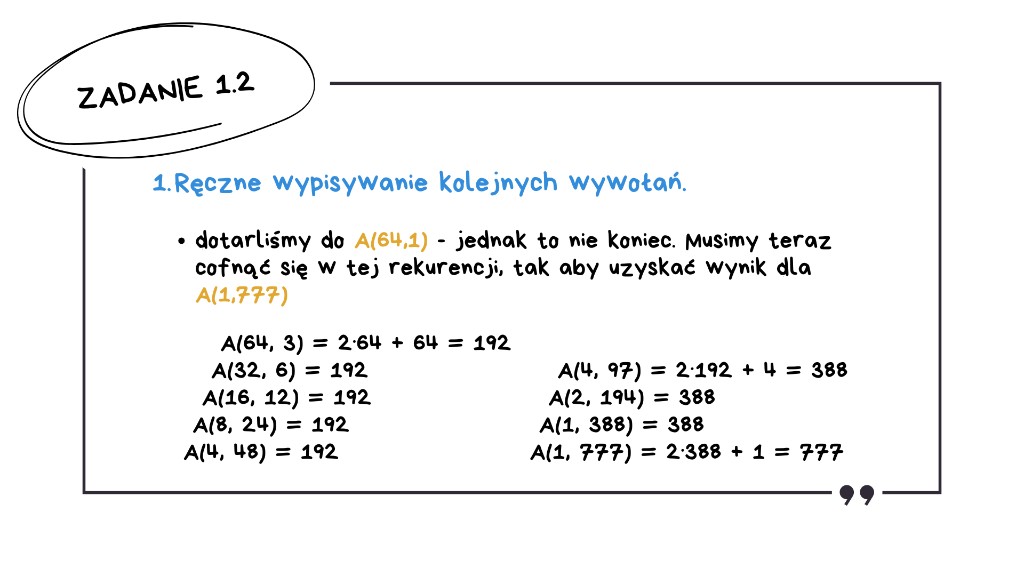 Matura z informatyki 2026 — rozwiązanie zadania 1.2, krok 4: cofanie się w rekurencji — obliczanie wartości od A(64, 1) do A(1, 777) = 777