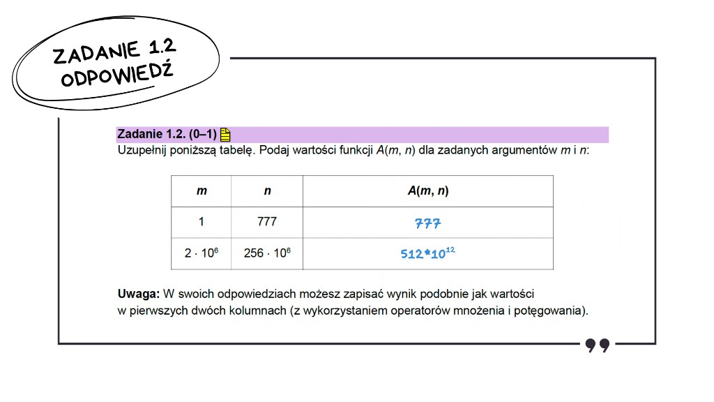 Matura z informatyki 2026 — odpowiedź do zadania 1.2: A(1, 777) = 777 oraz A(2·10⁶, 256·10⁶) = 512·10¹² (uzupełniona tabela)