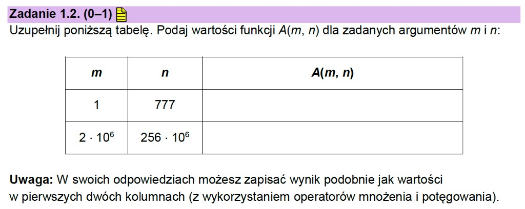 Matura z informatyki 2026 – zadanie 1.2: treść arkusza — tabela wartości funkcji A(m, n) dla wybranych argumentów m i n (arkusz CKE)