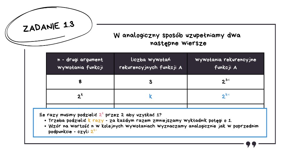 Matura z informatyki 2026 — rozwiązanie zadania 1.3, krok 6: uzupełnienie wiersza n=2^k — k wywołań rekurencyjnych, wartość 2^(k-i) w i-tym wywołaniu
