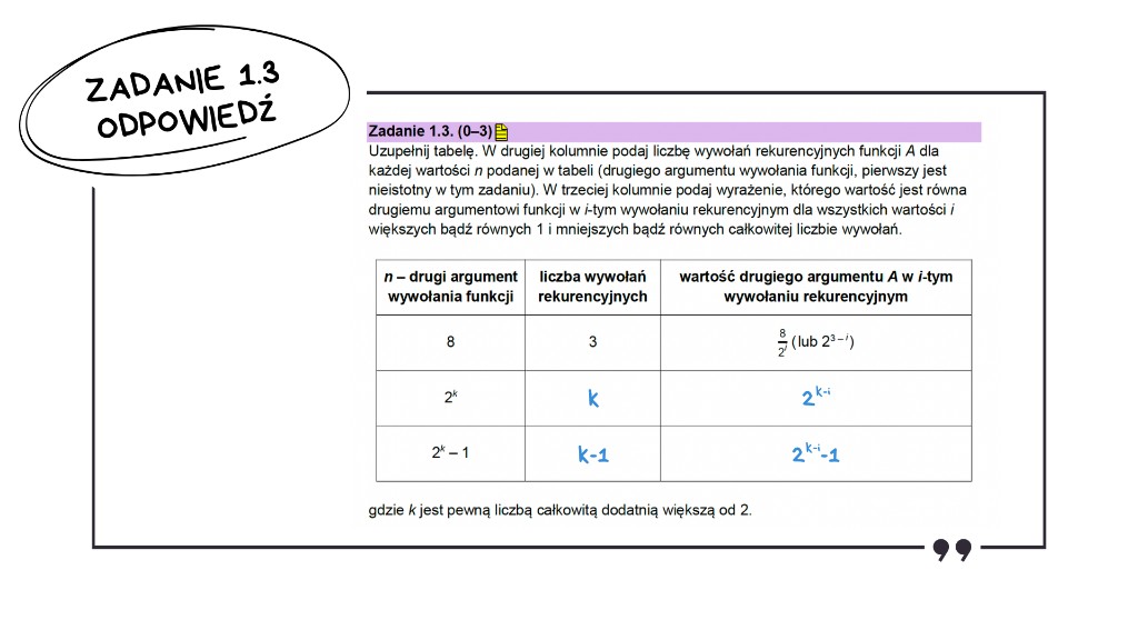 Matura z informatyki 2026 — odpowiedź do zadania 1.3: uzupełniona tabela z arkusza CKE — n=2^k: k wywołań, drugi argument w i-tym wywołaniu 2^(k−i); n=2^k−1: k−1 wywołań, 2^(k−i)−1