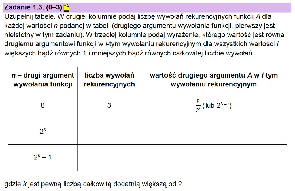 Matura z informatyki 2026 – zadanie 1.3: treść arkusza — uzupełnianie tabeli liczby wywołań rekurencyjnych i drugiego argumentu w i-tym wywołaniu (arkusz CKE)