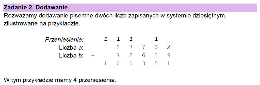 Matura z informatyki 2026 – zadanie 2 Dodawanie: treść arkusza — dodawanie pisemne w systemie dziesiętnym na przykładzie 27732 + 72619 z oznaczonymi przeniesieniami (arkusz CKE)