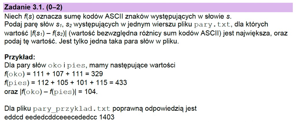 Matura z informatyki 2026 – treść zadania 3.1: funkcja f(s) jako suma kodów ASCII w słowie, znalezienie pary z maksymalną różnicą |f(s1)-f(s2)| oraz przykład z arkuszem CKE