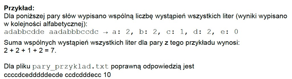Matura z informatyki 2026 – zadanie 3.2: przykład z arkusza – suma wspólnych wystąpień liter dla pary słów i odpowiedź dla pliku pary_przyklad.txt (arkusz CKE)