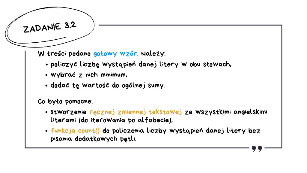 Matura z informatyki 2026 — rozwiązanie zadania 3.2 (slajd): gotowy wzór sumy W — liczenie liter przez count(), minimum z par i zmienna z alfabetem małych liter