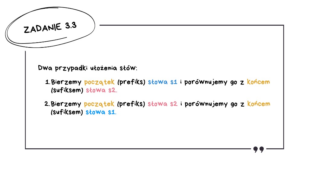 Matura z informatyki 2026 — rozwiązanie zadania 3.3 (slajd 1): dwa przypadki — prefiks s1 vs sufiks s2 oraz prefiks s2 vs sufiks s1