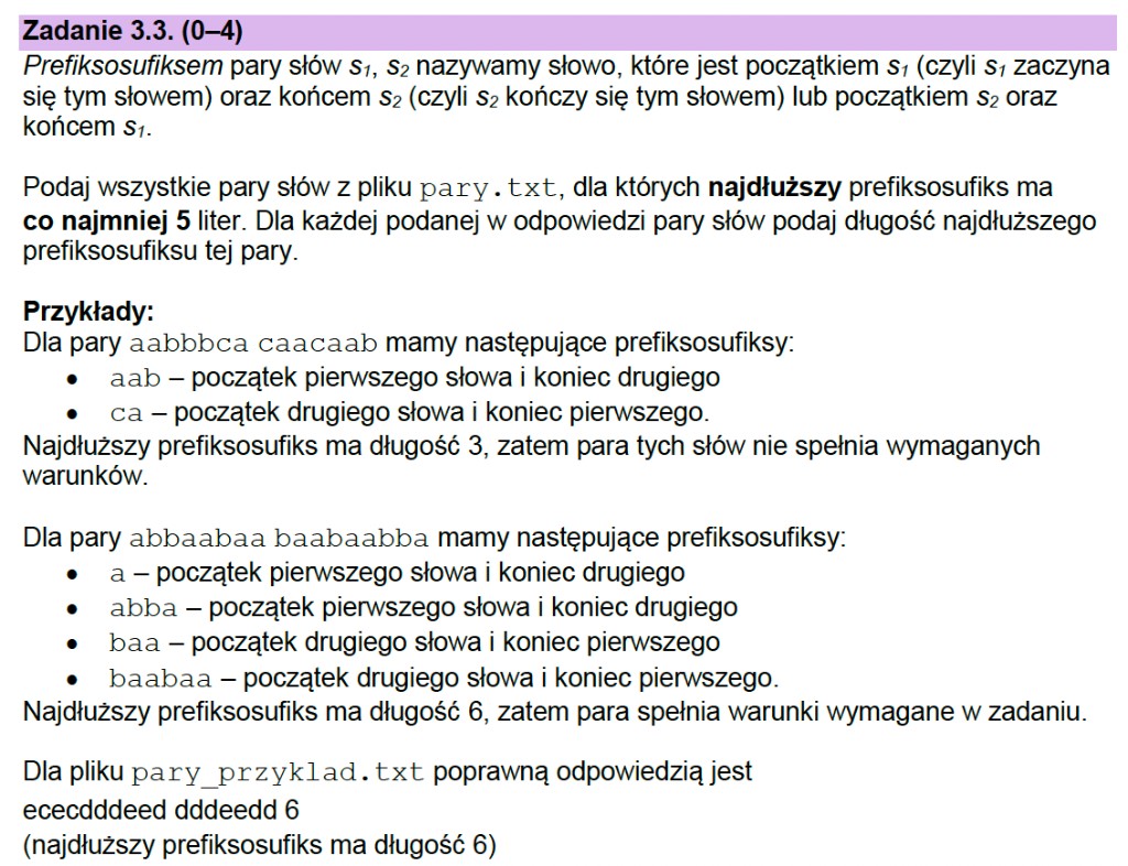 Matura z informatyki 2026 – treść zadania 3.3: definicja prefiksosufiksu pary słów, pary z pliku pary.txt z najdłuższym prefiksosufiksem co najmniej 5 znaków oraz przykłady z arkusza CKE