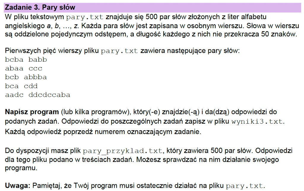 Matura z informatyki 2026 – zadanie 3 'Pary słów': treść arkusza – opis pliku pary.txt, format danych, pierwszych pięć wierszy przykładów, zapisywanie odpowiedzi w wyniki3.txt (arkusz CKE)