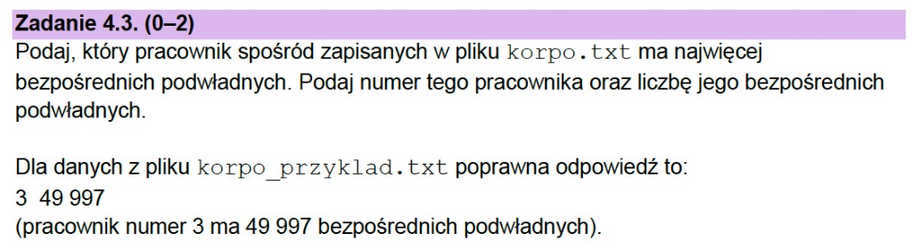 Matura z informatyki 2026 – treść zadania 4.3: pracownik z największą liczbą bezpośrednich podwładnych w korpo.txt (arkusz CKE)