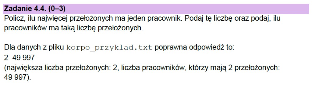 Matura z informatyki 2026 – treść zadania 4.4: maksymalna liczba przełożonych u jednego pracownika oraz ile takich osób jest (arkusz CKE)