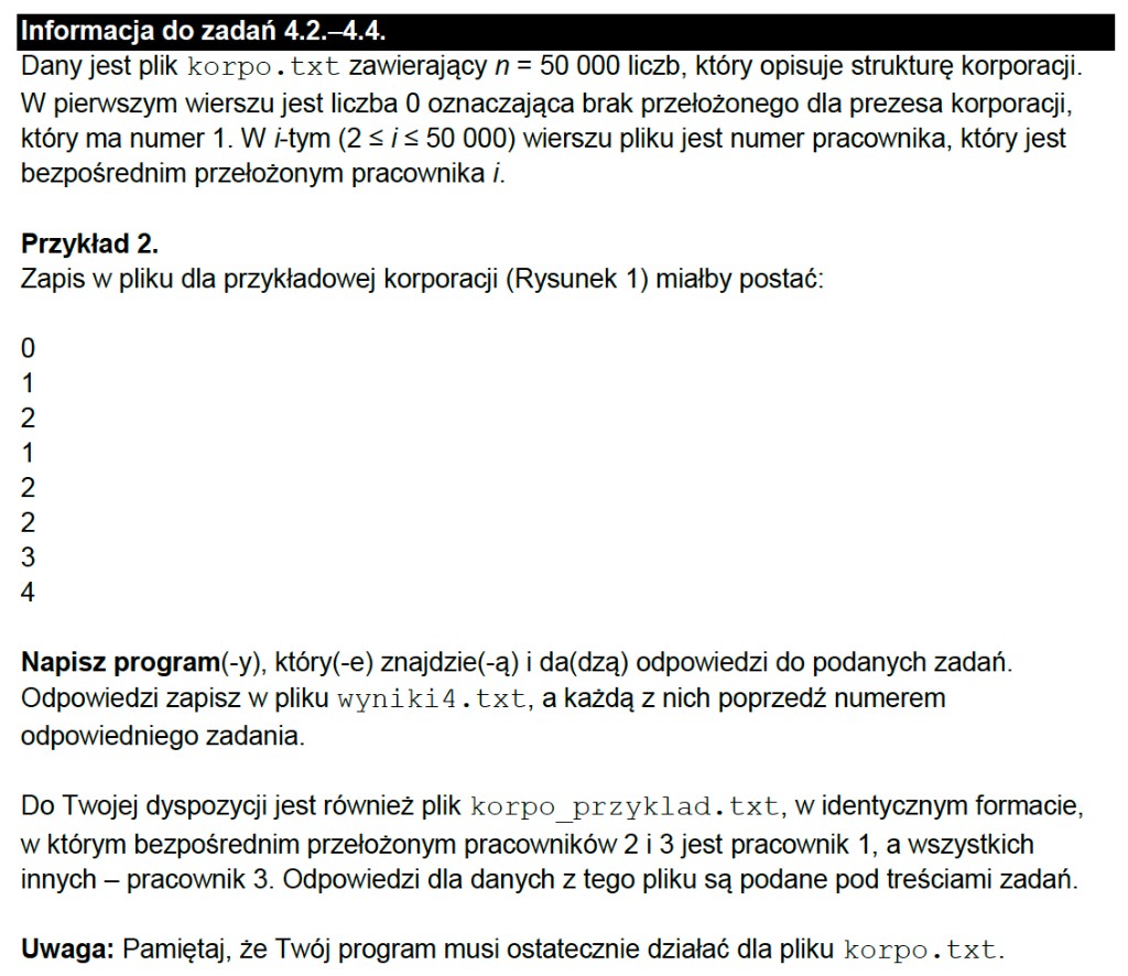 Matura z informatyki 2026 – informacja do zadań 4.2–4.4: format pliku korpo.txt, wyjście wyniki4.txt, plik korpo_przyklad.txt (arkusz CKE)