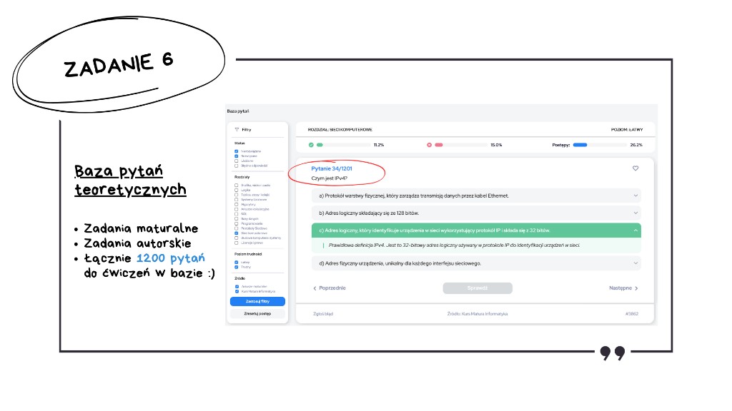 Matura z informatyki 2026, zadanie 6 — slajd z bazy pytań teoretycznych Kurs Matura Informatyka: pytanie „Czym jest IPv4?” z poprawną odpowiedzią o 32-bitowym adresie logicznym w protokole IP