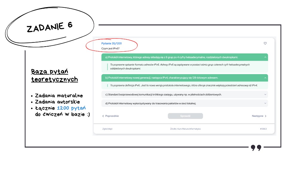 Matura z informatyki 2026, zadanie 6 — slajd z bazy pytań teoretycznych Kurs Matura Informatyka: pytanie „Czym jest IPv6?” z definicją formatu adresu i 128-bitowej przestrzeni adresowej