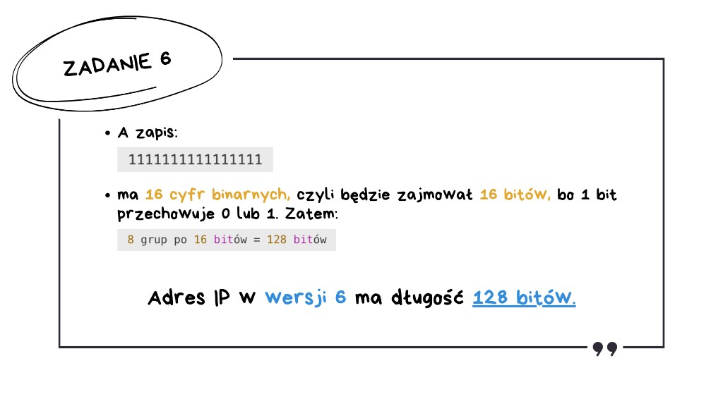 Matura z informatyki 2026 — omówienie zadania 6, krok 5: dlaczego IPv6 ma 128 bitów (8 grup po 16 bitów)