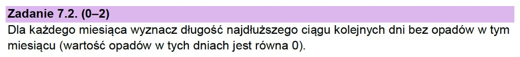 Matura z informatyki 2026 – treść zadania 7.2: dla każdego miesiąca długość najdłuższego ciągu kolejnych dni z opadem 0 mm (arkusz CKE)