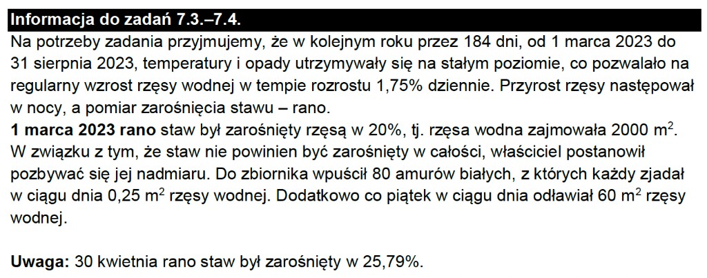 Matura z informatyki 2026 – informacja do zadań 7.3–7.4: założenia symulacji wzrostu rzęsy wodnej (1.75% dziennie), start 1 marca 2023, amury białe i cotygodniowe odławianie rzęsy, uwagi do pomiaru (arkusz CKE)