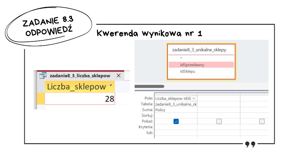 Odpowiedź do zadania 8.3 matura z informatyki 2026 — Access: kwerenda wynikowa nr 1 (źródło zadanie8_3_unikalne_sklepy, Liczba_sklepow — Policz IdSklepu), wynik 28 sklepów