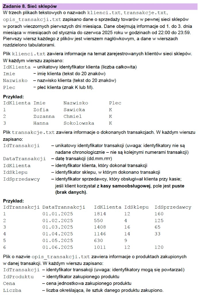 Matura z informatyki 2026 – zadanie 8 'Sieć sklepów': treść arkusza — kontekst danych, pliki klienci.txt, transakcje.txt i opis_transakcji.txt z opisem pól i przykładami (arkusz CKE)